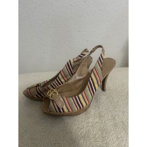 Miss Bisou Slingback Heels Women 8.5M Multi Color Striped Peep Toe Buckle Cork